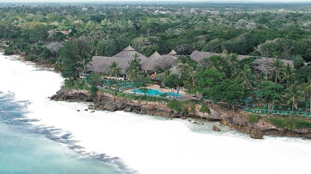 Aerial View of Diani Beach in Mombasa Kenya. Visits to Kenya beaches and national parks are the key tourists attractions to Kenya.