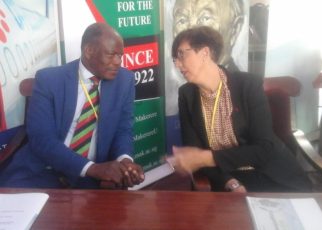 Makerere University Vice Chancellor Professor Barnabas Nawangwe talking to French Ambassador to Uganda Stephanie Rivoal