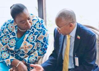 Kenya Foreign Affairs minister Monica Juma (left) and her Somaliland counterpart Dr Saad Shire having a chat at the United Nations in Nairobi when the two met during the presentation of the UN personality of the year 2018 award to world marathon record holder Eliud Kipchoge on Wednesday evening. The two discussed on a range of issues regarding Kenya and Somaliland.