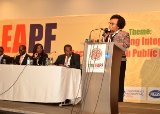 The Chief Administrative Secretary at the National Treasury, Nelson Gaichuhie reads the opening speech on behalf of CS Henry Rotich at the 11th East African Procurement Forum in Nairobi. Looking on is Sylvia Aluoch, an Advisor at GIZ while others are Faith Waigwa, the Chairperson of the Public Procurement Administrative Review Board (PPARB) on the extreme left and Andrew Musangi, the Chairperson of the Public Procurement Regulatory Board.