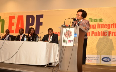 The Chief Administrative Secretary at the National Treasury, Nelson Gaichuhie reads the opening speech on behalf of CS Henry Rotich at the 11th East African Procurement Forum in Nairobi. Looking on is Sylvia Aluoch, an Advisor at GIZ while others are Faith Waigwa, the Chairperson of the Public Procurement Administrative Review Board (PPARB) on the extreme left and Andrew Musangi, the Chairperson of the Public Procurement Regulatory Board.
