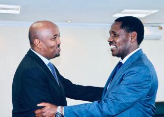 Somaliland envoy to Kenya Bashe Awil Omar and Minister for Trade and Industrialisation Peter Munya when the two met at the trade ministry offices in Nairobi last week. Somaliland is hosting a major investment conference in Nairobi on Friday.