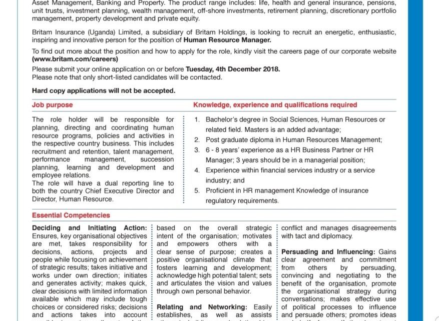 Britam Insurance Uganda in search for Human Resource Manager 