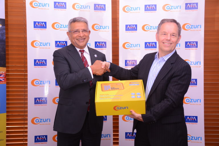 Apollo Group CEO, Ashok Shah (left) with Azuri CEO Simon Bransfield-Garth at the official launch of HospiCash, an affordable income insurance and funeral cover for off-grid consumers, made possible through the Azuri and APA partnership announced today in Nairobi.
