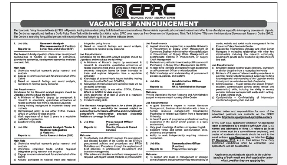 Economic Policy Research Centre needs Workers