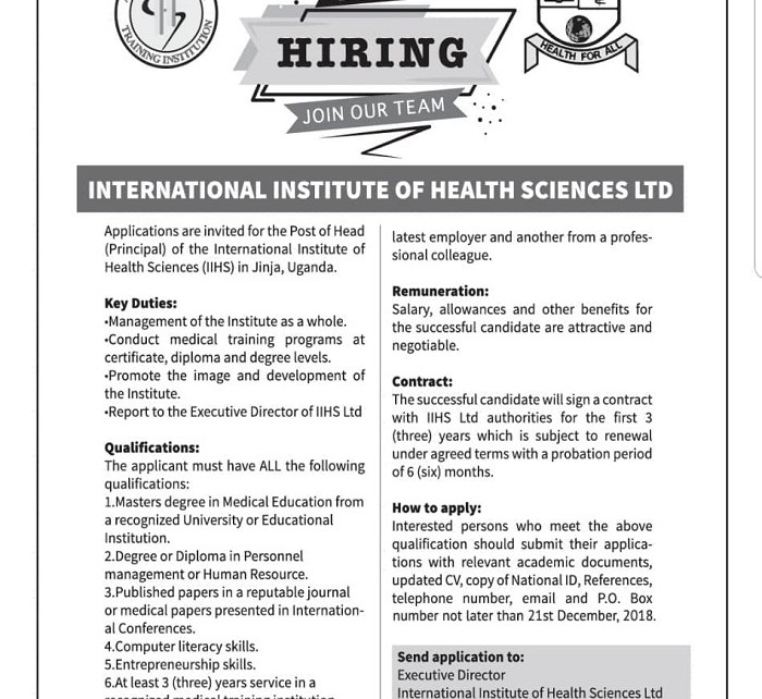 International Institute of Health Science in Jinja looking for Principal