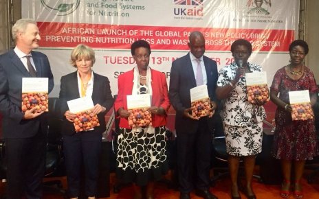 The experts during the launch of the policy brief on preventing Nutrient loss and Waste across the food System produced by the Global panel on Agriculture and Food System for Nutrition at the Speke Resort Munyonyo on Tuesday November 13