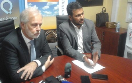 Caption Daniel Richner (Left) and Dilip Bhandari the CEO Spedag Interfreight Group in charge of East Africa addressing the media about the new Tracking Innovation