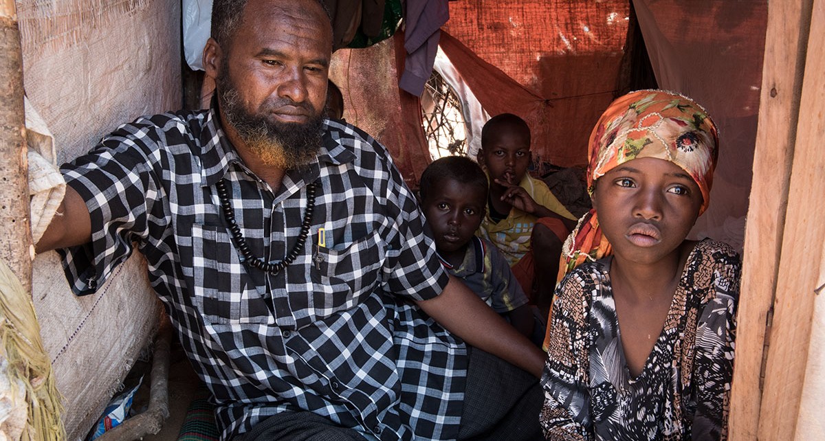 Abdi Yussuf, 47, lives in a Mogadishu camp for displaced families with his five children.