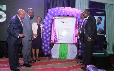 Enwealth Board Chairman Mr Nelson Kuria, Martin A. Nsubuga, CEO URBRA, Enwealth Uganda Board Chair Ms Maggie Kaddu join Enwealth CEO, Simon Wafubwa and Richard Byarugaba NSSF MD at the unveiling of Enwealth Uganda