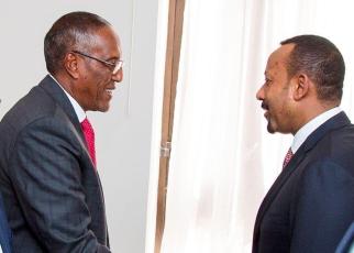 Somaliland President Muse Bihi (left) and Ethiopia Prime Minister Dr Abiy Ahmed shake hands in Addis Ababa on Wednesday.