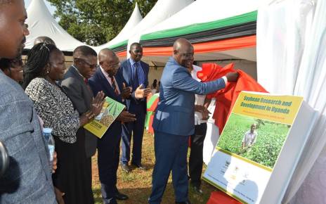 Agriculture, Animal Industry and Fisheries Minister Vincent Bamulangaki Ssempijja launching a new soybean variety (Maksoy 6N) developed by Makerere University at Kabanyoro Agricultural Research Institute in Wakiso District on February 22