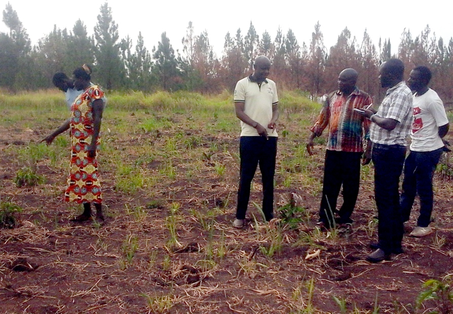 ESAFF Uganda chairperson (in yellow T-shirt) listening to the explanation from the coordinator of the Ajee Group during the farm tour