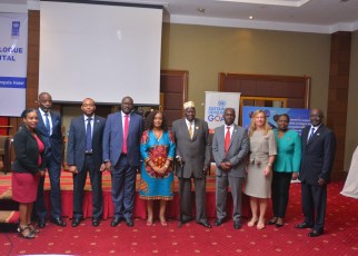Gen. Moses Ali (5th R), First Deputy Prime Minister of the Republic of Uganda, Charles Rasugu (4th R), Director Sub-Saharan Africa, GSMA, Eng. Charles Lwanga (R), Assistant Commissioner, Telecommunications & Post Ministry of ICT, and Yemesrach Assefa Workie (L), Economics Advisor, UNDP, and other officials pose for a photo during the Uganda National Dialogue for Digital Transformation Conference at Sheraton Hotel, Kampala. The purpose of the conference was to discuss how Uganda could advance the national and global SDGs agenda through mobile-enabled digital transformation.