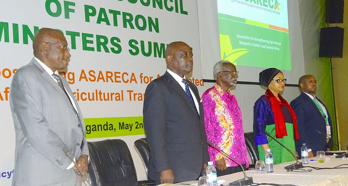 Uganda’ s minister of Agriculture Animal Industry and Fisheries Vincent Bamulangaki Ssempijja (2nd left) and second Deputy Prime Minister, also Minister for East African Community Affairs Kirunda Kivenjinja (3rd left), join other participants during the Association of Strengthening Agricultural Research in East and Central Africa (ASARECA) Council of Patron Ministers conference in Munyonyo last week.