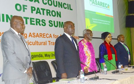 Uganda’ s minister of Agriculture Animal Industry and Fisheries Vincent Bamulangaki Ssempijja (2nd left) and second Deputy Prime Minister, also Minister for East African Community Affairs Kirunda Kivenjinja (3rd left), join other participants during the Association of Strengthening Agricultural Research in East and Central Africa (ASARECA) Council of Patron Ministers conference in Munyonyo last week.