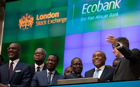 Ecobank Chairman Emmanuel Ikazoboh (2nd from left) opens the London Stock Exchange with Group CEO Ade Ayeyemi (3rd from left)