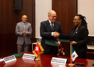 Signature of two agreements for donation between Switzerland and the AfDB, in the presence of Mr Raymund Furrer, head of Economic Cooperating and Development Stare Secretariat for Economic Affairs (SECO) and VP Tshabalala Bajabulile Swazy of the AfDB, during day 3 of the AfDB Annual Meetings on 13 June 2019 in Malabo, Equatorial Guinea. (Photo by Juliette Avice)