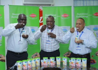Left: Fresh Dairy officials: Joseph Awino – GM Sales (L), Vincent Omoth – Marketing Manager (C ) and Jonathan Williams (R ) - Operations Manager Production taste and launch the new Brookside Fruit Yoghurt with real fruits coming in 4 flavours: Pear Caramel, Lemon biscuits, Strawberry and Vanilla available countrywide in shops, kiosks, duukas and supermarkets.