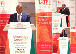 Clockwise: Afreximbank President Prof. Benedict Oramah, AU Trade Commissioner Amb. Albert Muchanga, and Rwanda Trade Minister Soraya Hakuziyaremye addressing guests at the launch of IATF2020 in Niamey.