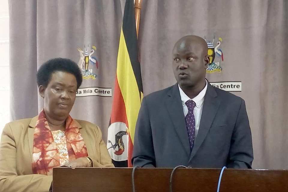 Minister Kabatsi on( left) and Dr Lagu at the Media Center in Kampala on Tuesday