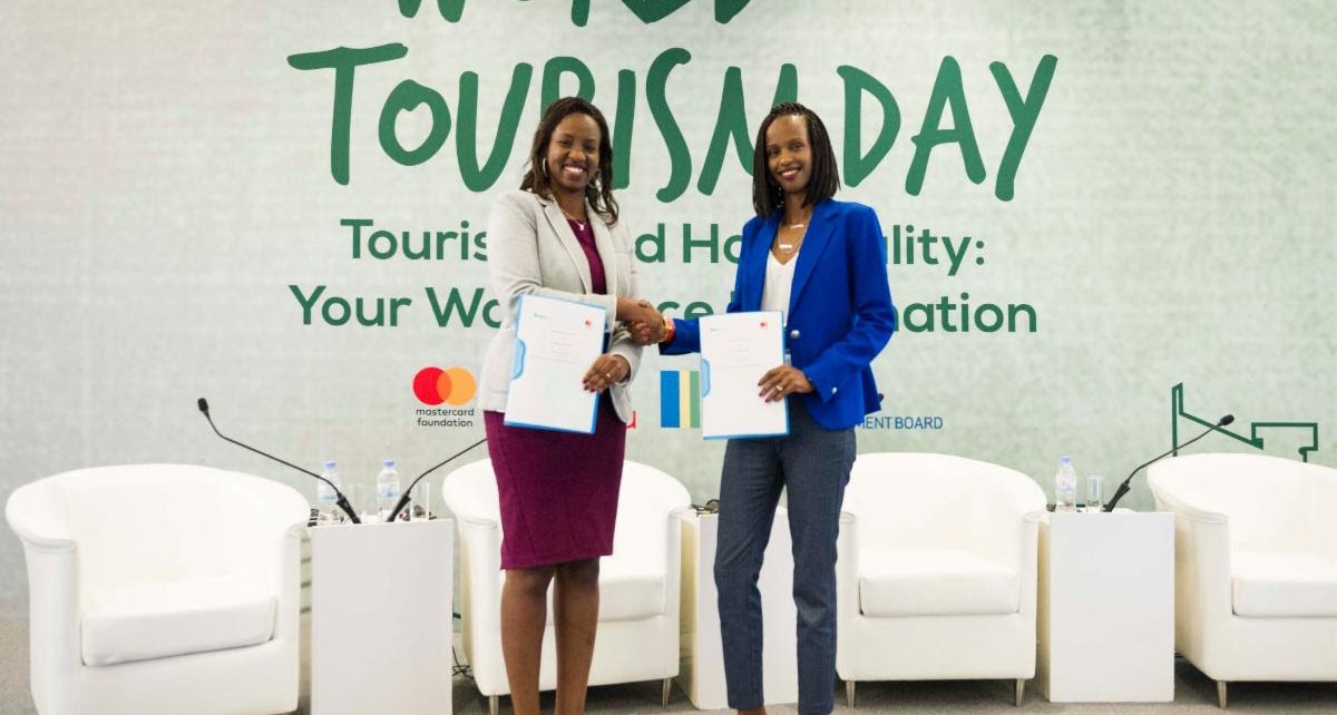 Rica Rwigamba, Senior Program Manager and Acting Country Representative, Rwanda of the Mastercard Foundation and Belise Kariza, Chief Tourism Officer, of the Rwanda Development Board announce strategic partnership within the Mastercard Foundation Hanga Ahazaza initiative.