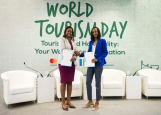Rica Rwigamba, Senior Program Manager and Acting Country Representative, Rwanda of the Mastercard Foundation and Belise Kariza, Chief Tourism Officer, of the Rwanda Development Board announce strategic partnership within the Mastercard Foundation Hanga Ahazaza initiative.