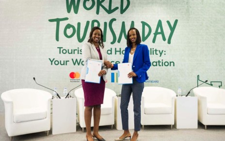 Rica Rwigamba, Senior Program Manager and Acting Country Representative, Rwanda of the Mastercard Foundation and Belise Kariza, Chief Tourism Officer, of the Rwanda Development Board announce strategic partnership within the Mastercard Foundation Hanga Ahazaza initiative.