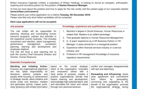 Britam Insurance Uganda in search for Human Resource Manager