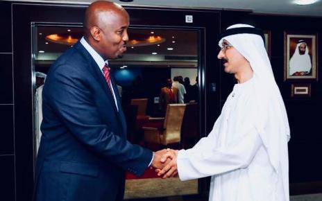 Ambasadour Omar Bashe Awil (Left) shakes hands with Sultan Bin Sulayem, the Chairman and CEO of DP World, one of the leading UAE companies investing in Somaliland. Bashe represented Somaliland in UAE when the trade deals were signed making Somaliland the leading Africa’s investment destination for the UAE