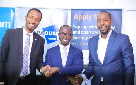 Mr. Donato Laboke, the General Manager Marketing & Brand at Sanlam General Insurance, Mr. Walter Wafula, the Business Unit Head-PR, brainchild Burson Cohn & Wolfe (BCW) and Mr. Brian Ntambirweki, the Marketing Director, Virtual University of Uganda shaking hands at the sponsor announcement of the Third Edition of Innovation Series on 26th February 2019 at the brainchild offices in Kampala