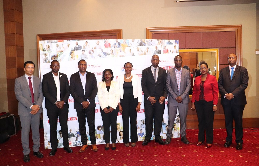 Mr. Obi IMEMBA, Total Uganda Managing Director (3rd L), Mr. Nathan Morgan, Business & Development Director (L) Total (E&P) Uganda, Mr. Patrick Mweheire, the Jury Ambassador (R), posing for a photo with other jury members. This was during the unveiling of the unveiling of the 15 finalists of the 2nd edition of the StartUpper of the Year Challenge by Total at Sheraton Hotel Kampala, 30th January 2019.