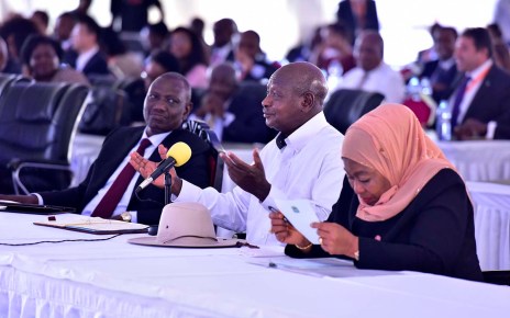 Museveni in the middle, Ms Suluhu (right) and Kenyan Deputy President Ruto at the Africa Now Summit in Munyonyo