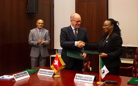 Signature of two agreements for donation between Switzerland and the AfDB, in the presence of Mr Raymund Furrer, head of Economic Cooperating and Development Stare Secretariat for Economic Affairs (SECO) and VP Tshabalala Bajabulile Swazy of the AfDB, during day 3 of the AfDB Annual Meetings on 13 June 2019 in Malabo, Equatorial Guinea. (Photo by Juliette Avice)