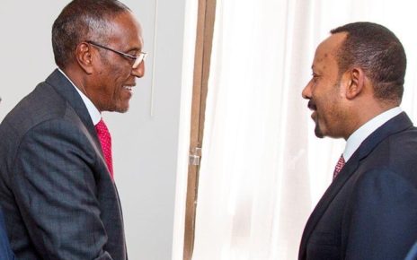 Somaliland President Muse Bihi (left) and Ethiopia Prime Minister Dr Abiy Ahmed shake hands in Addis Ababa on Wednesday.