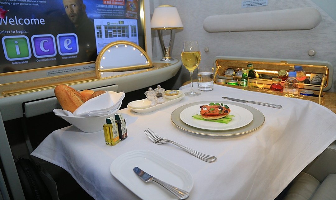 Emirates offers regionally inspired multi-course meals, prepared by Emirates’ master chefs as well as complimentary wines, spirits and cocktails